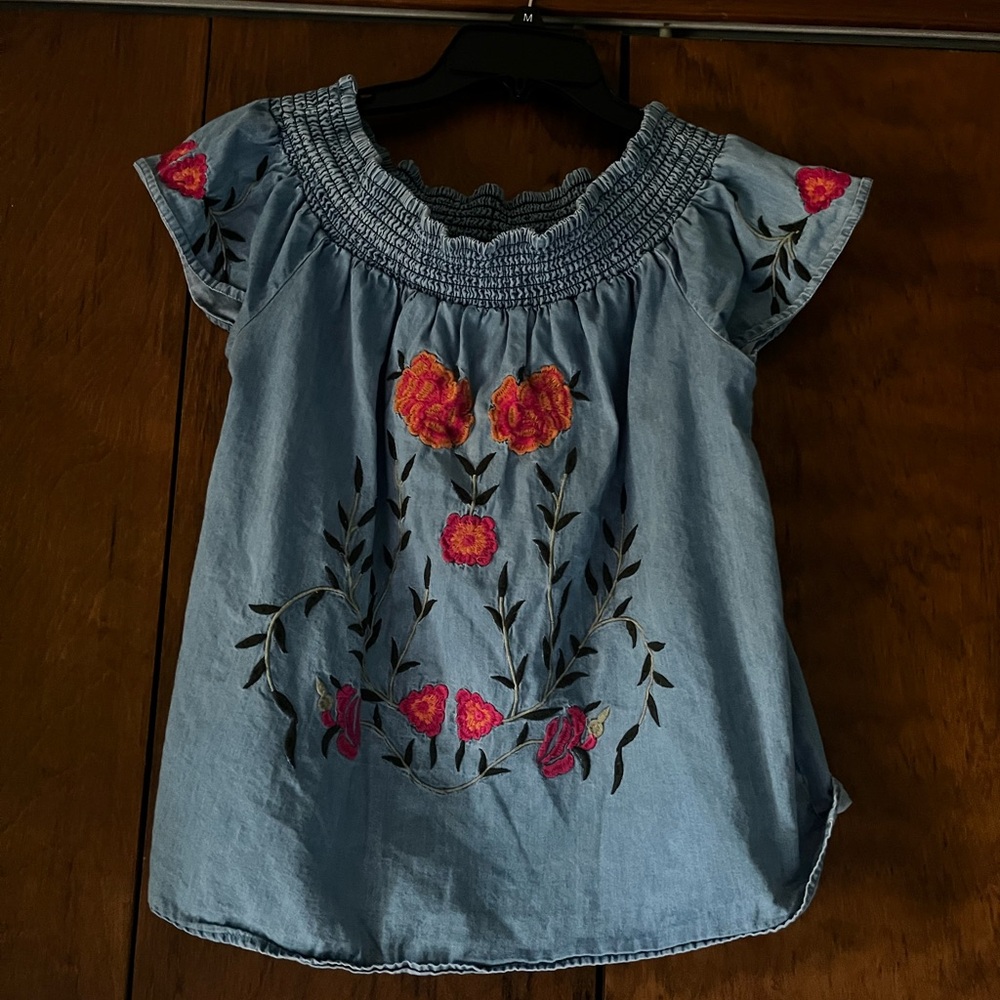 Francesca's Collections Denim Blue Smocked Blouse